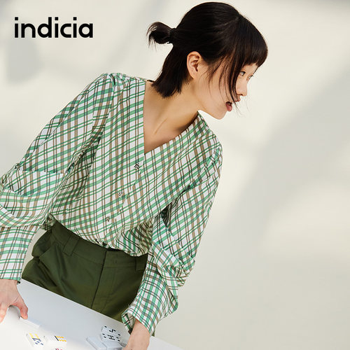 indicia格纹衬衫格子长袖上衣女