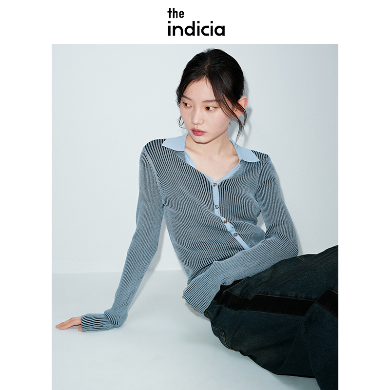 indicia标记春季新款品质女装针织衫开衫灰蓝撞色竖条纹上衣