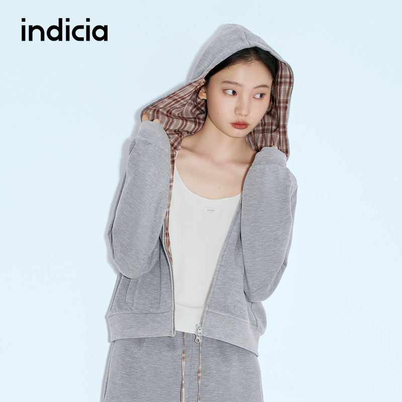 indicia标记25冬新款美式格纹拼接短款连帽卫衣外套L2D5WT254