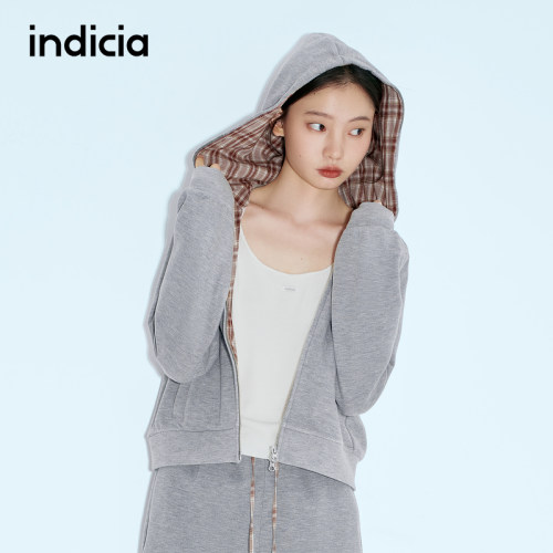 indicia标记冬款美式格纹拼接短款连帽卫衣外套L2D5WT254