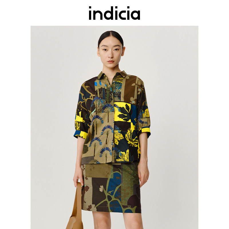 indicia 短袖复古港风气质时尚印花衬衫春秋季商场同款标记女装图片