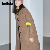女装 indicia 羊毛咖色格纹毛呢大衣外套单排扣冬季 3D111DY489