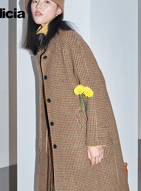 indicia 羊毛咖色格纹毛呢大衣外套单排扣冬季女装3D111DY489