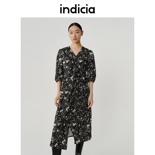 indicia碎花连衣裙V领气质裙子春秋季商场同款标记女装