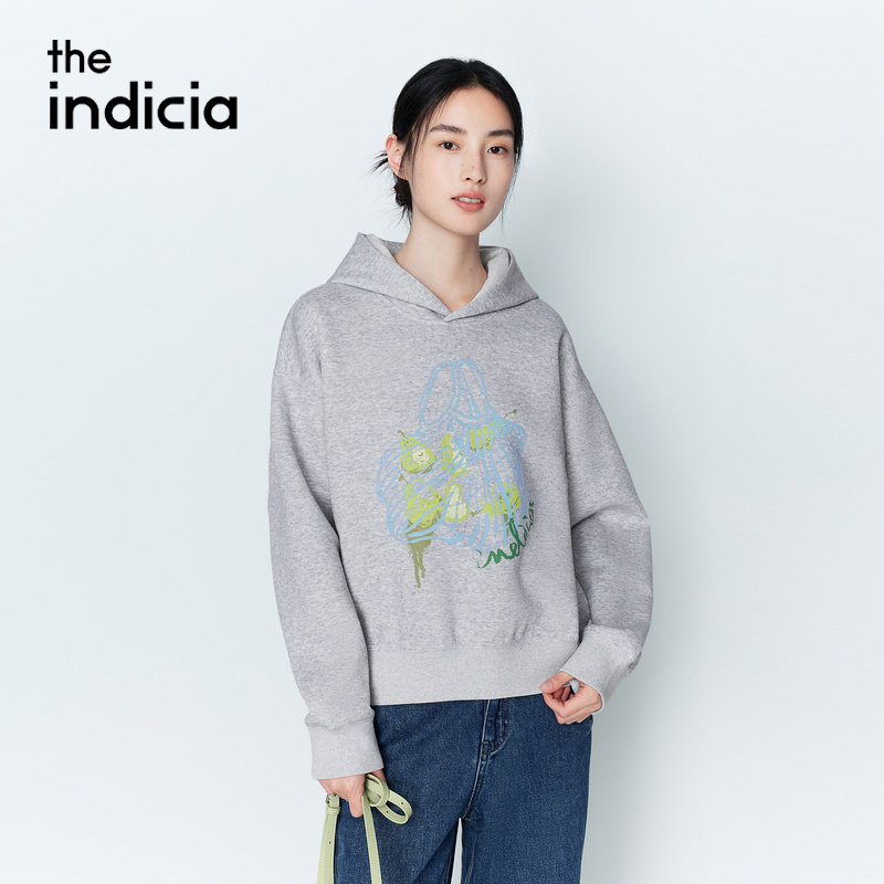 indicia标记26春季新款女装卫衣灰色休闲连帽印花上衣L2A6WY043