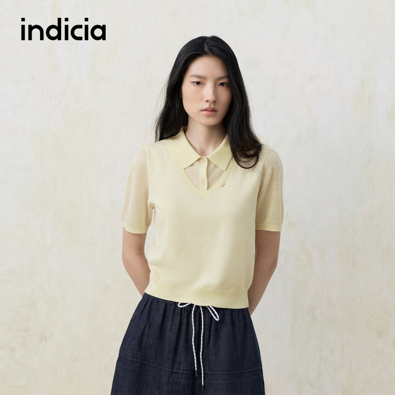 indicia标记商场同款2026夏季新款女装黄色假两件polo领针织衫女