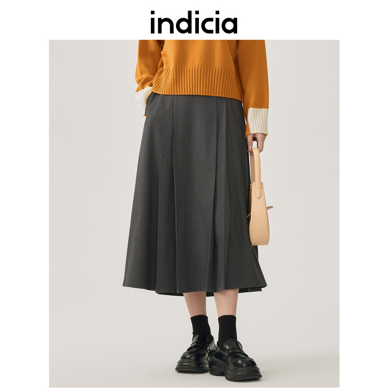 indicia 灰色A字型职业气质百褶半身裙秋冬季商场同款标记女装
