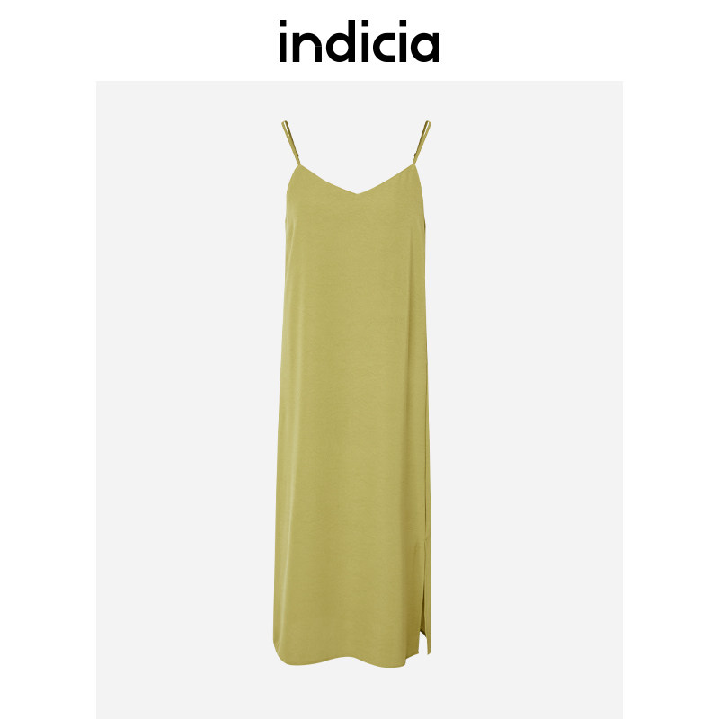 indicia 绿色V领吊带连衣裙打底裙子春秋季标记时尚女装