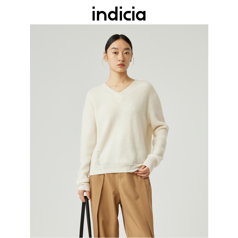 山羊绒破洞V领针织衫毛衣秋冬