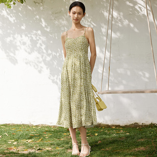 标记女装 新款 吊带连衣裙雪纺碎花高腰裙子印花夏季 indicia
