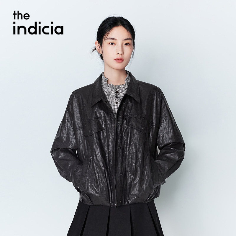 indicia标记商场26春季新款女装深咖色短款皮夹克外套L2A6WT017