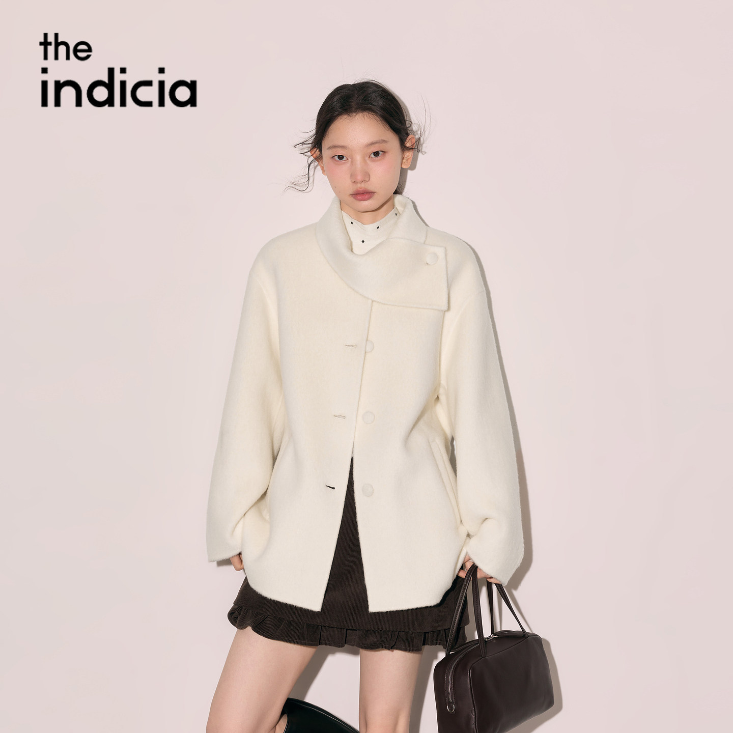 indicia标记羊毛翻领毛呢大衣白色外套2026冬季女装L2D6DY340Z