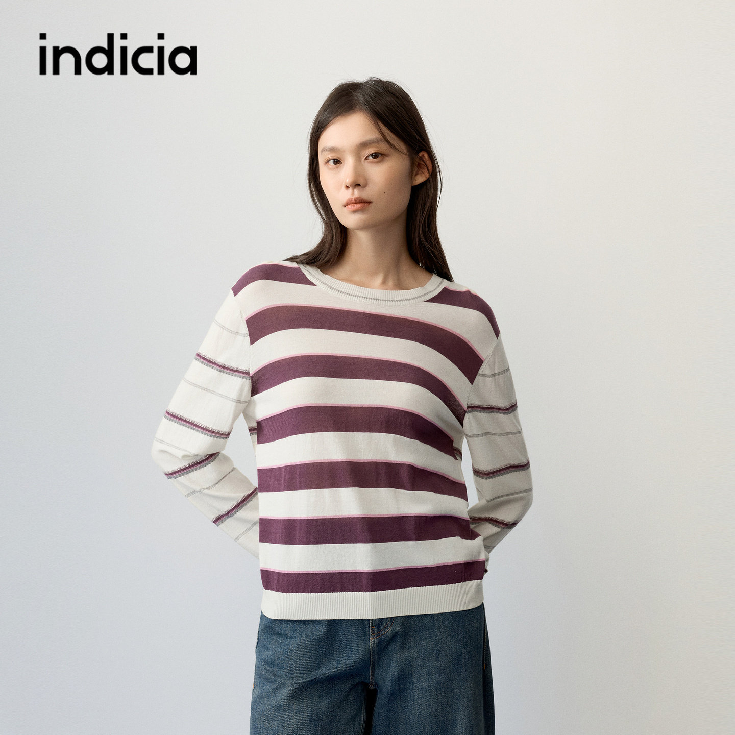 indicia标记商场同款2026秋季新款女装紫色条纹针织衫长袖上衣女