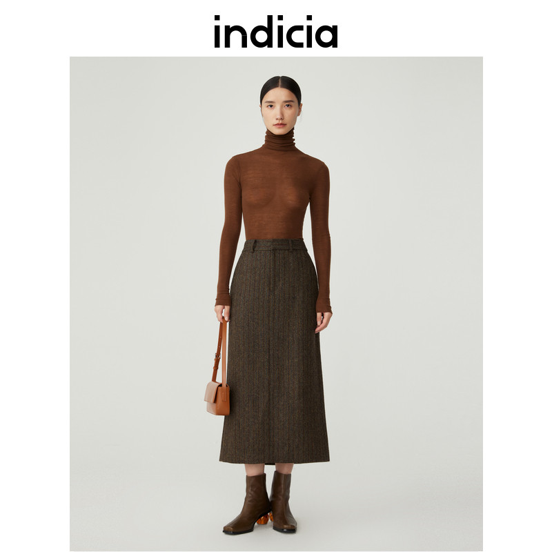 indicia 人字纹复古气质半身裙冬季新款商场同款标记女装