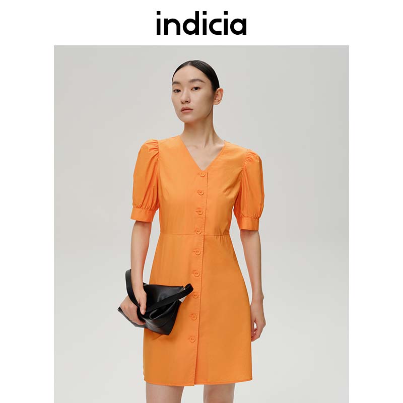 indicia纯棉橘色V领短袖连衣裙女裙子夏季商场同款标记女装