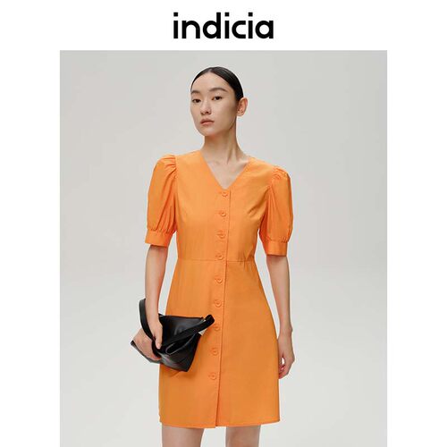 indicia纯棉橘色V领短袖连衣裙女裙子夏季商场同款标记女装