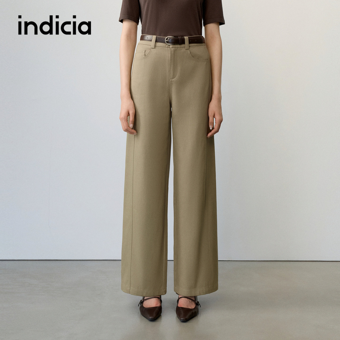 indicia标记商场同款2026秋季新款女装卡其色长裤子阔腿裤