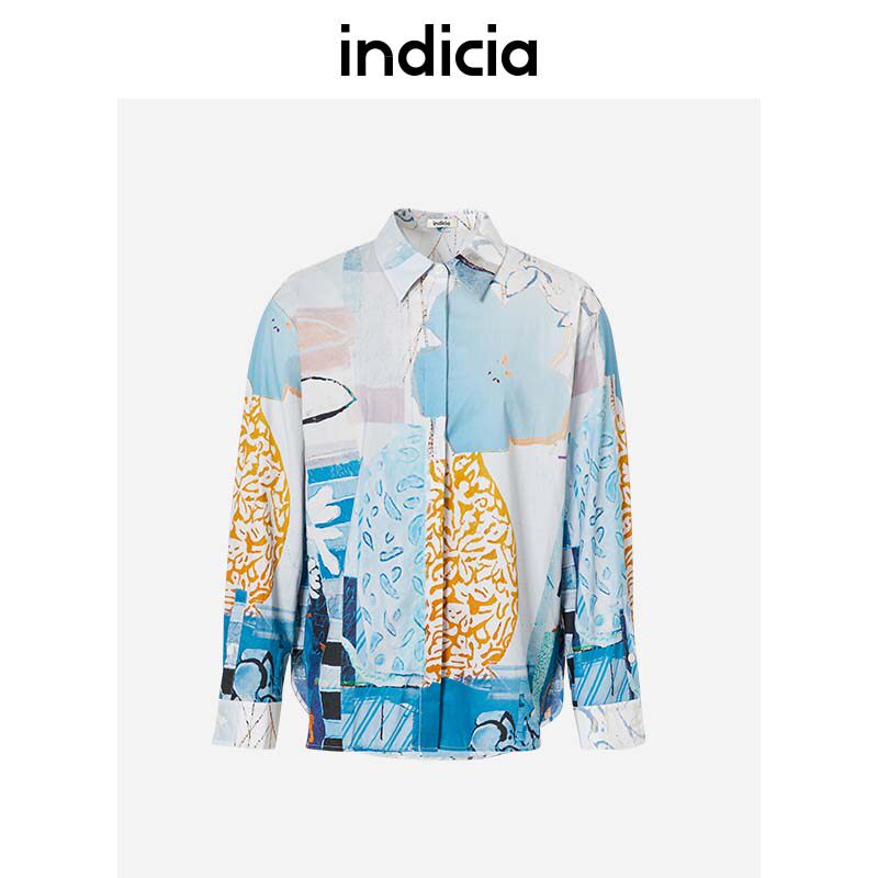 indicia 纯棉衬衫蓝色印花上衣春秋季商场同款品牌标记女装