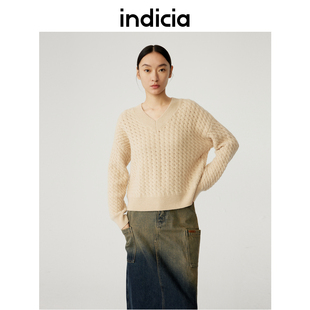 indicia 全羊毛绞花毛衣V领针织衫秋冬季新款商场同款标记女装