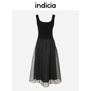 indicia吊带拼接高腰赫本风连衣裙显瘦春秋季商场同款标记女装