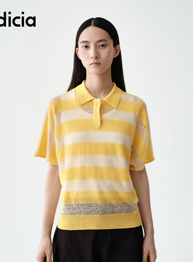 indicia标记商场同款25夏新款短款亚麻罩衫黄色条纹t恤F2B5TX264F