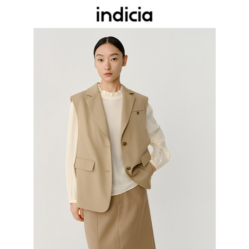 indicia 马夹外套无袖西装卡其色百搭上衣春秋季时尚标记女装