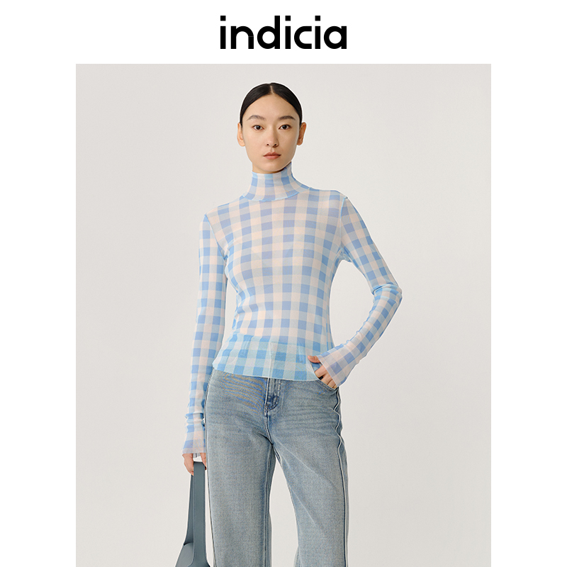 indicia格子高领长袖上衣打底衫格纹春秋季商场同款标记女装