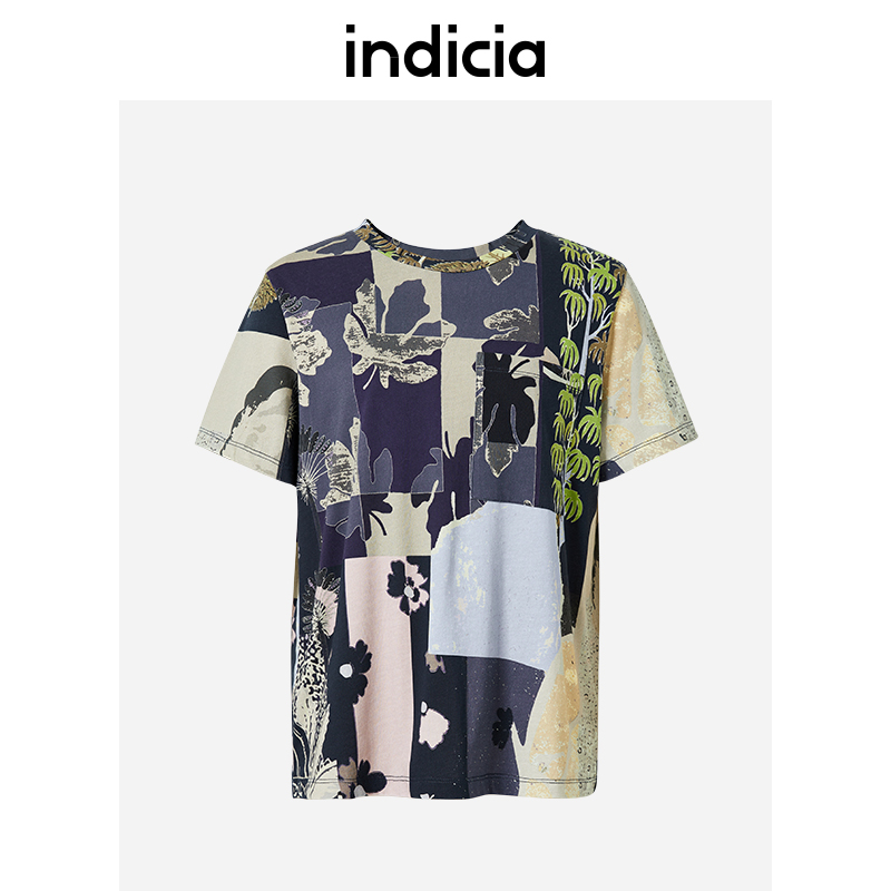 indicia休闲印花短袖t恤女棉体恤春秋新款商场同款标记女装