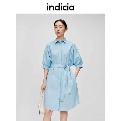 indicia标记纯棉连衣裙短袖衬衫裙子纯色腰带夏季女装6B404LQ206N