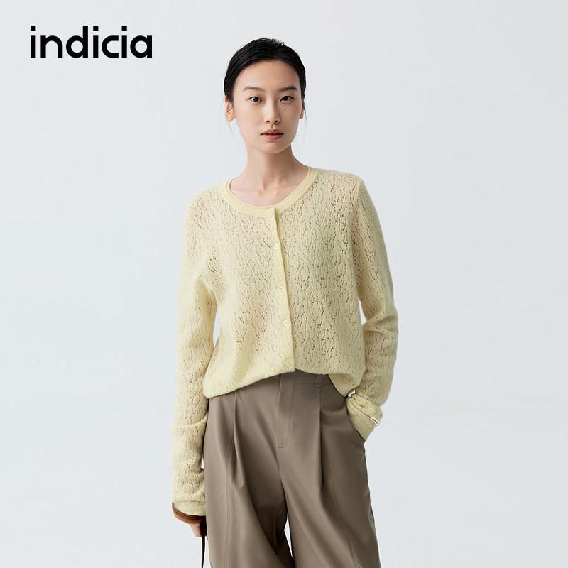 indicia标记商场同款2026春季新款女装开衫绵羊毛黄色针织衫女