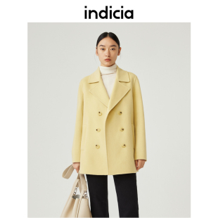 indicia 绵羊毛双面呢大衣黄色毛呢外套女秋冬季商场同款标记女装