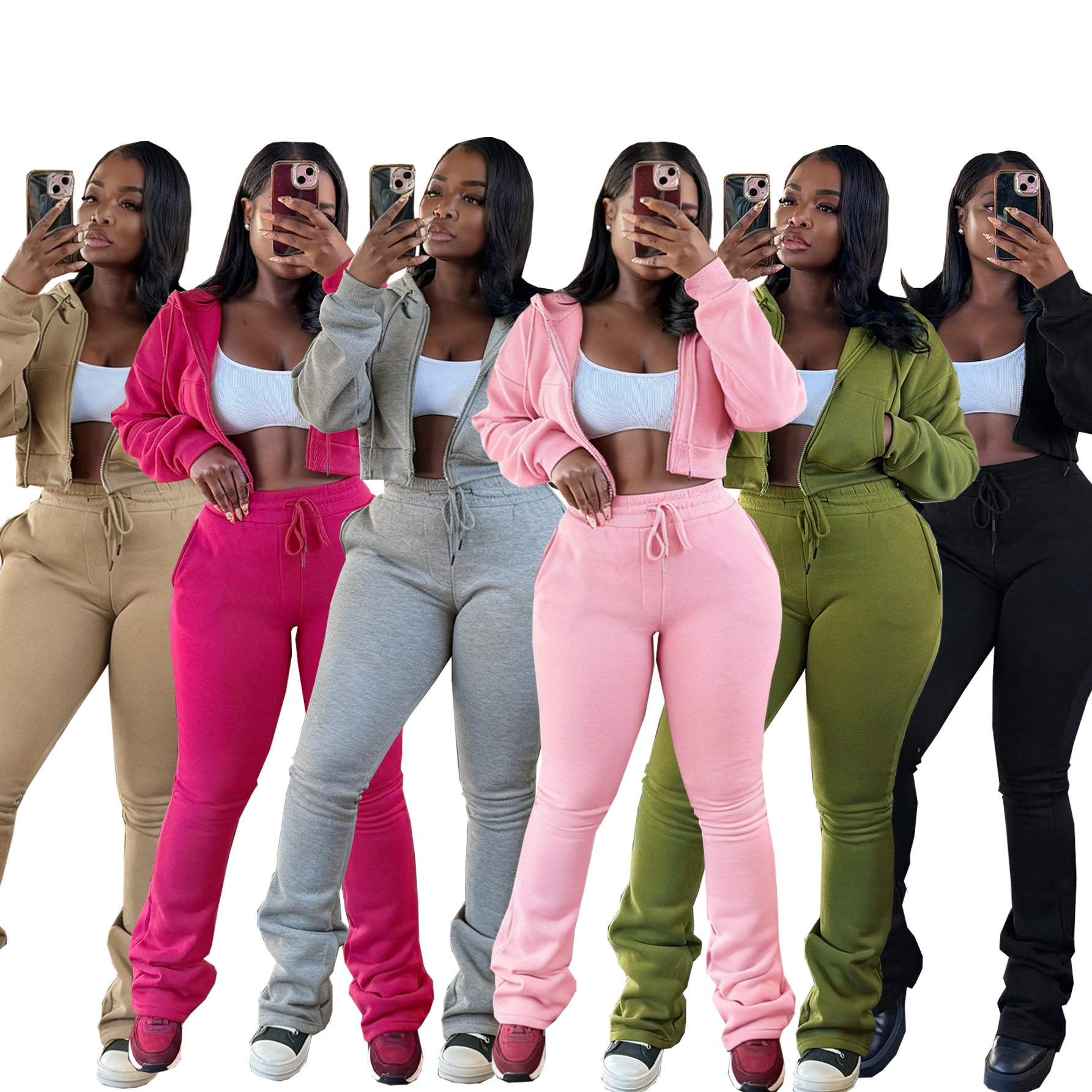 TW809时尚秋冬跨境欧美女连帽拉链开衫收腰加绒卫衣绑绳运动套装