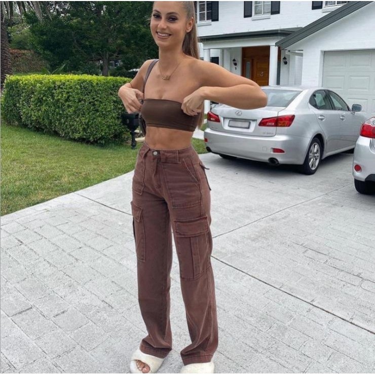 欧美时尚外贸新款跨境亚马逊女长裤口袋拼接休闲宽松中腰牛仔裤女