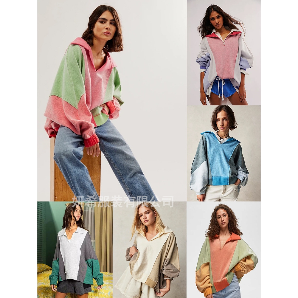 现货美式撞色卫衣宽松慵懒跨境亚马逊摇粒绒休闲套头运动跨境女装