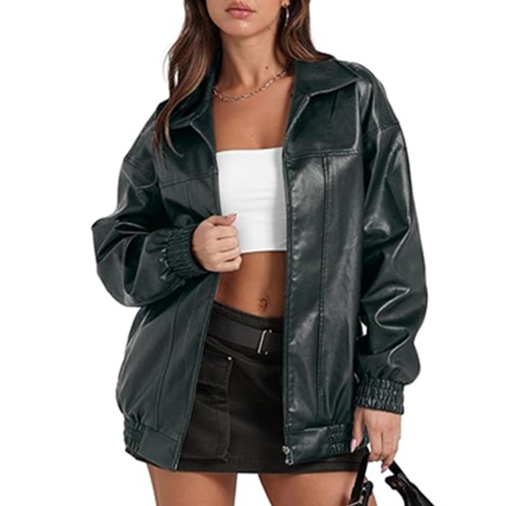 亚马逊2025秋冬季欧美跨境女装PU皮衣翻领夹克休闲长袖拉链外套