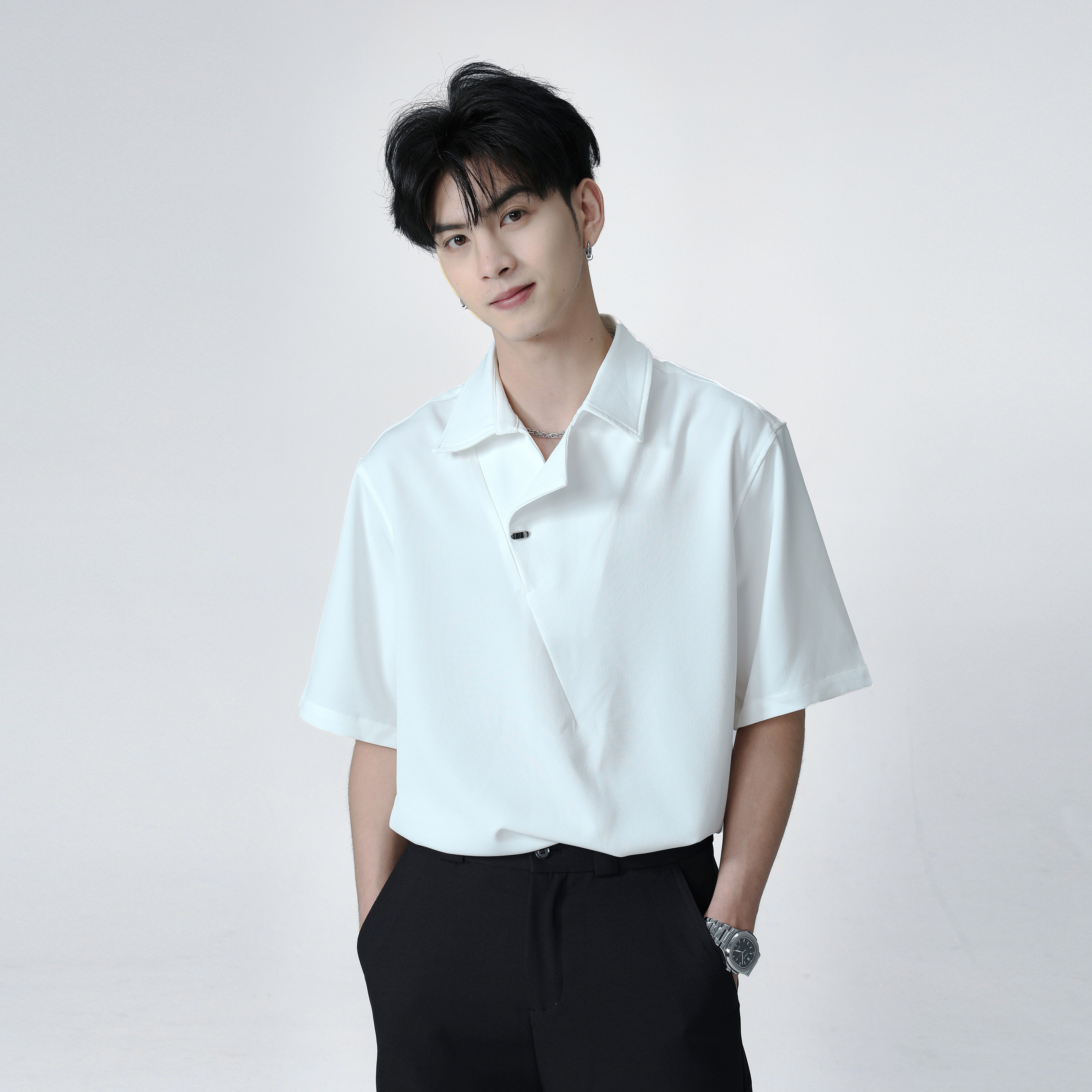 2026夏季新品韩版轻熟风古巴领男生衬衣短袖男设计感宽松休闲衬衫