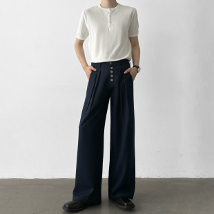 男 高品质三本针工艺5连扣压褶设计A字直筒阔腿宽松西裤 男笙 夏季