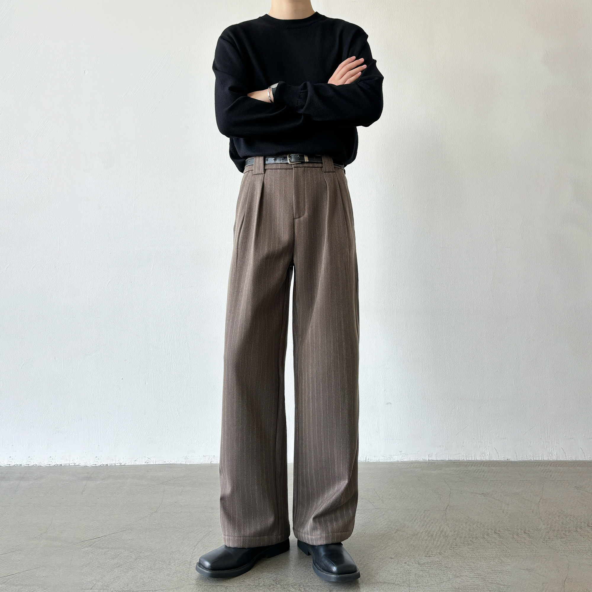 男笙【加绒A字阔腿西裤】春季高品质条纹加绒750克阔腿宽松西裤男