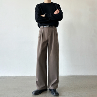 高品质条纹加绒750克阔腿宽松西裤 春季 男 加绒A字阔腿西裤 男笙