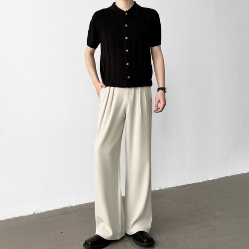 夏季杏色三本针A字阔腿宽松西裤