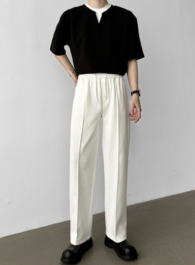 男笙 韩系2026春夏季高腰直筒宽松卫裤 垂感白色松紧腰休闲运动裤