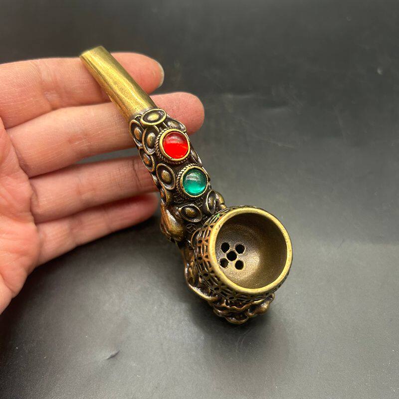 古玩杂项烟具宝石貔貅烟斗手工老式烟丝男士弯式旱烟过滤烟具把件