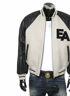 Armani/阿玛尼EA 男羊毛拼真皮棒球夹克外套皮衣EM002504 AF16710