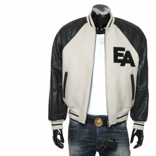 Armani/阿玛尼EA 男羊毛拼真皮棒球夹克外套皮衣EM002504 AF16710