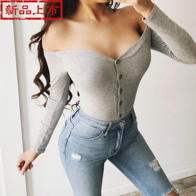 纯色长袖单排扣露肩V领修身紧f身连身衣连体短裤|msdalam kategori Butik wanita / wanita, seluar, seluar santai - dari Buy2taobao.com untuk memberikan perkhidmatan ejen Taobao profesional membeli