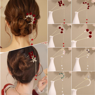 新年绒花u型发簪女古风高级感过年2024新中式流苏簪子盘发头饰