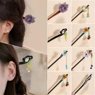 古风发簪木簪子步摇流苏仿黑檀木水磨头饰简约配饰古装发钗挽发女