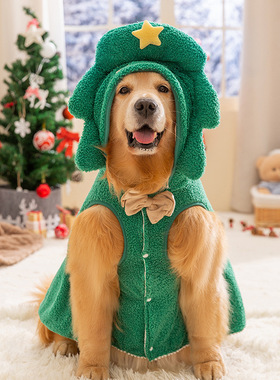 绿色圣诞卡通牵引披风大型犬金毛拉布拉多秋冬无袖宠物狗衣服批发