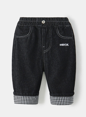 男童牛仔长裤独特新款春季男宝宝格子拼色日系休闲裤直筒牛仔裤