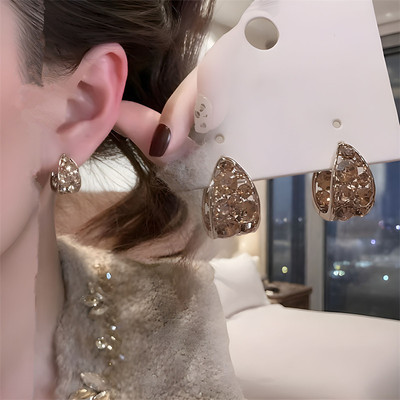 铜镀金复古咖色锆石水滴耳扣简约气质耳环法式高级感轻奢通勤耳饰